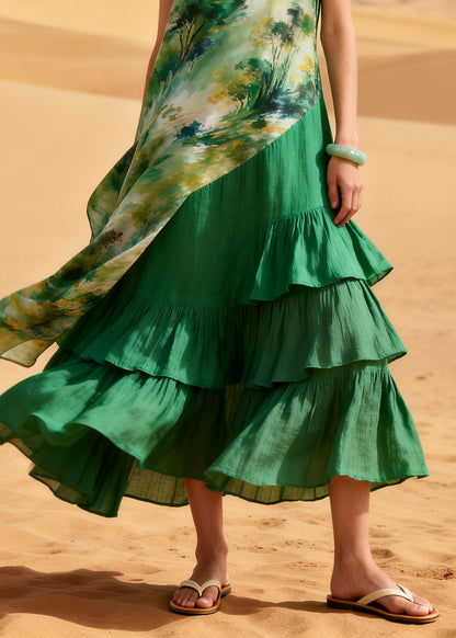 Fashion Green Asymmetrical Patchwork Ruffles Chiffon Ankle Dress Summer