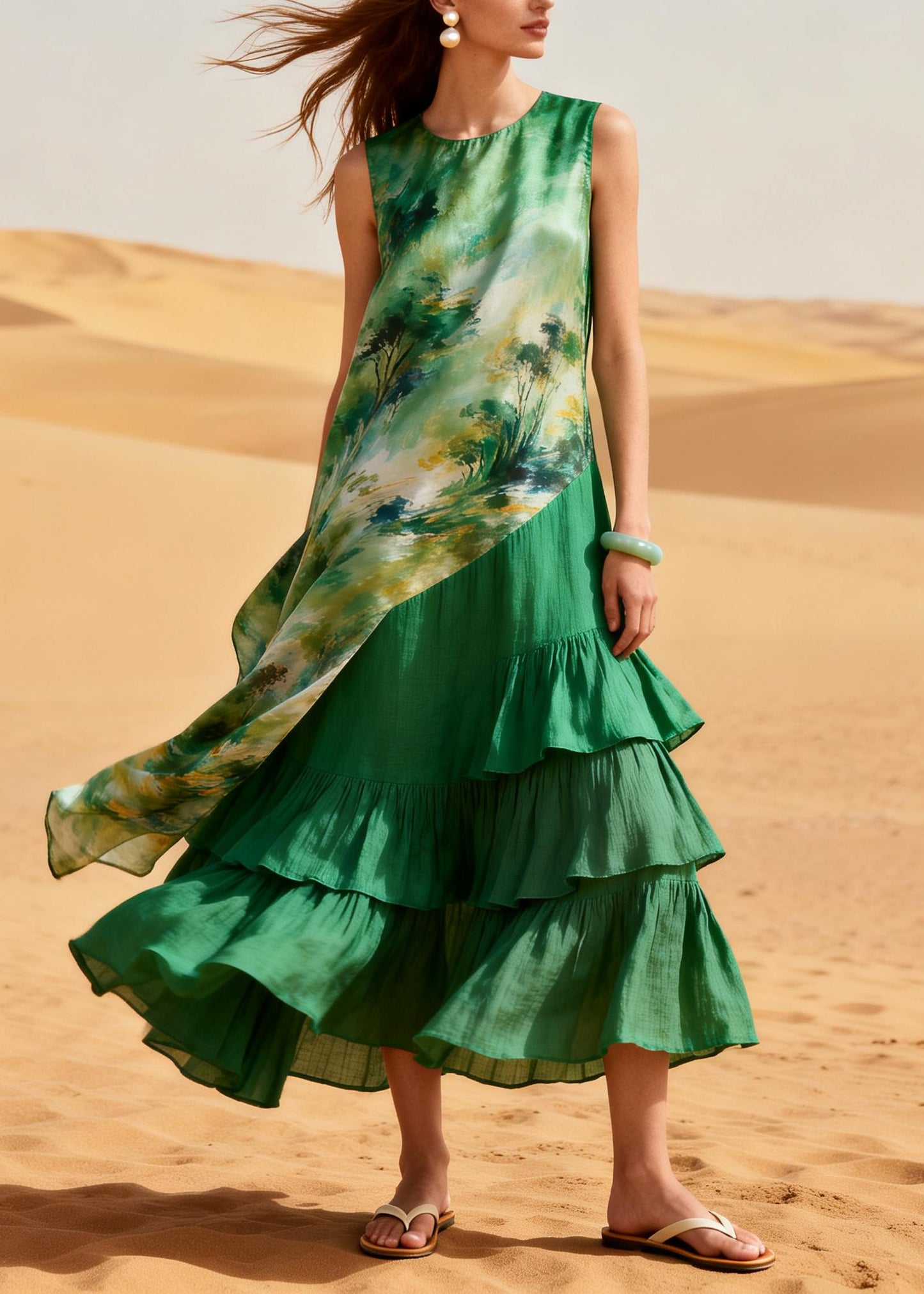 Fashion Green Asymmetrical Patchwork Ruffles Chiffon Ankle Dress Summer