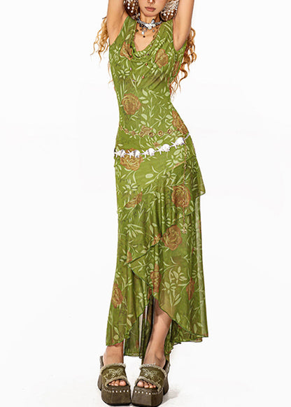 Fashion Green Asymmetrical Tulle Maxi Spaghetti Strap Fishtail Dress Summer