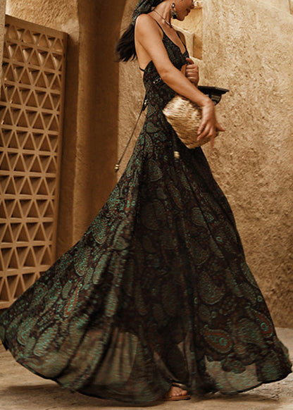 Fashion Green Backless Print Lace Up Chiffon Spaghetti Strap Dress Sleeveless