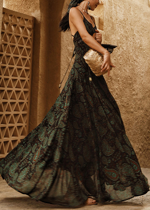 Fashion Green Backless Print Lace Up Chiffon Spaghetti Strap Dress Sleeveless