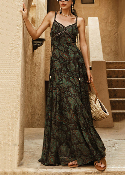 Fashion Green Backless Print Lace Up Chiffon Spaghetti Strap Dress Sleeveless