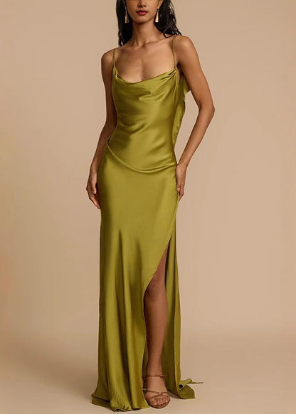 Fashion Green Backless Side Open Silk Cami Dress Summer