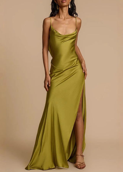 Fashion Green Backless Side Open Silk Cami Dress Summer