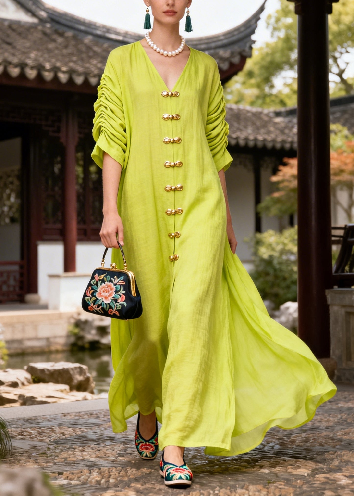 Fashion Green Chinese Button Wrinkled Cotton Vacation Dresses Summer