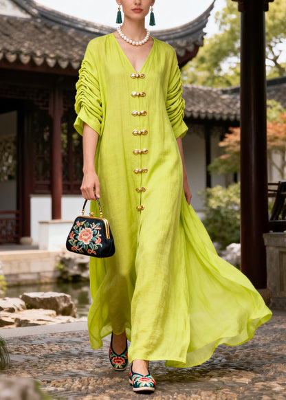Fashion Green Chinese Button Wrinkled Cotton Vacation Dresses Summer