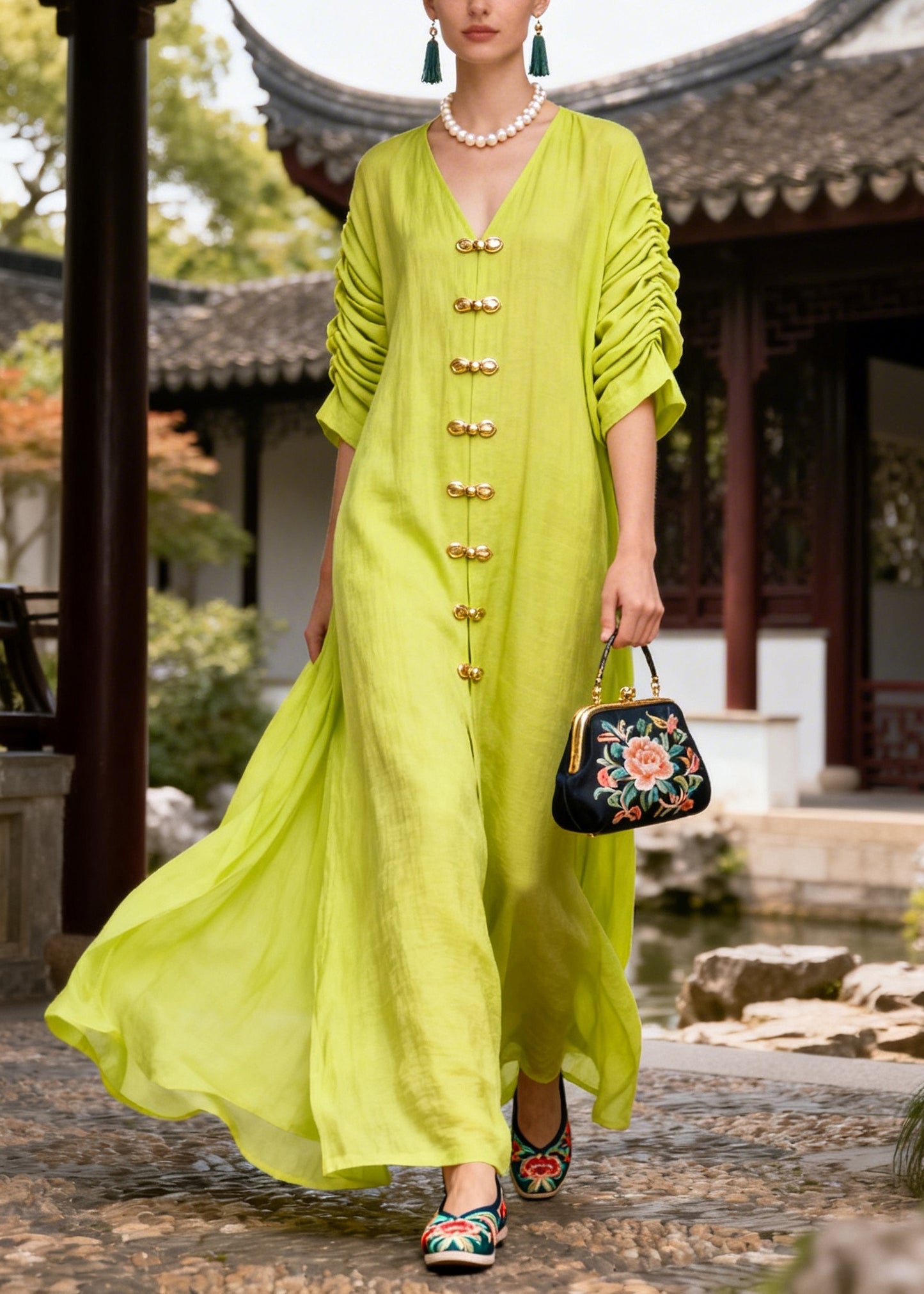 Fashion Green Chinese Button Wrinkled Cotton Vacation Dresses Summer