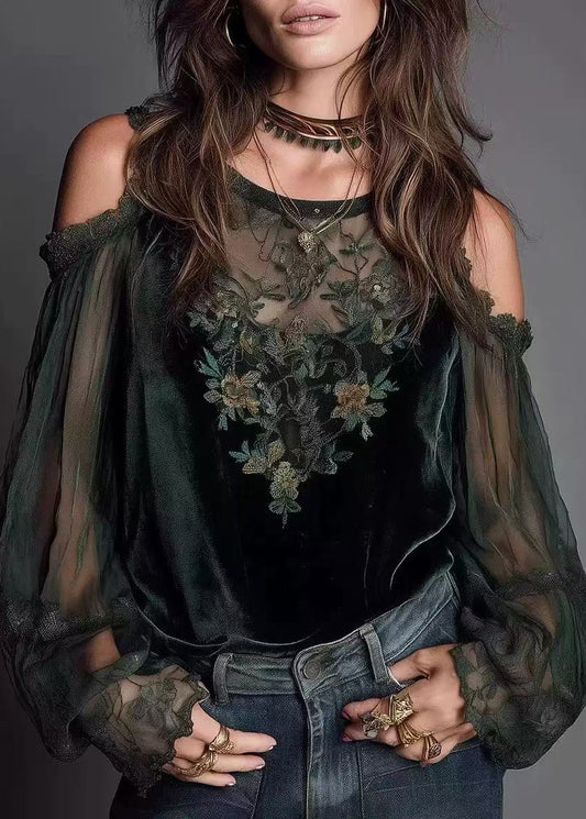 Fashion Green Cold Shoulder Patchwork Velour Shirt Tops Spring