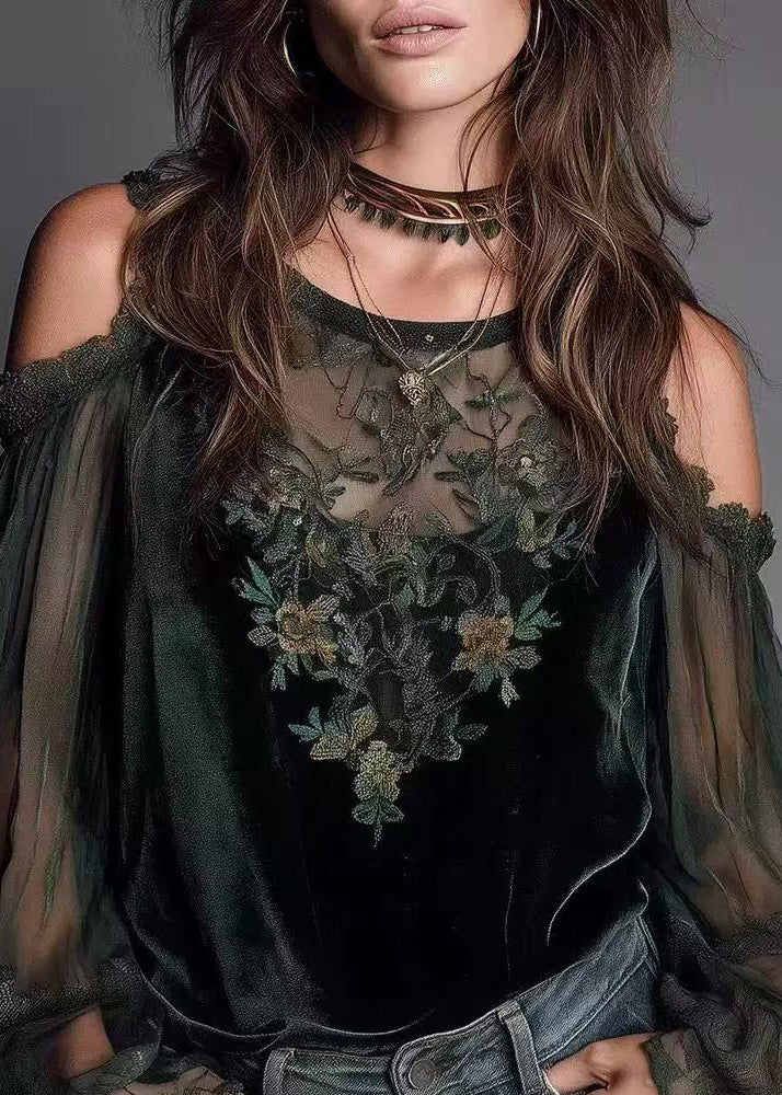 Fashion Green Cold Shoulder Patchwork Velour Shirt Tops Spring