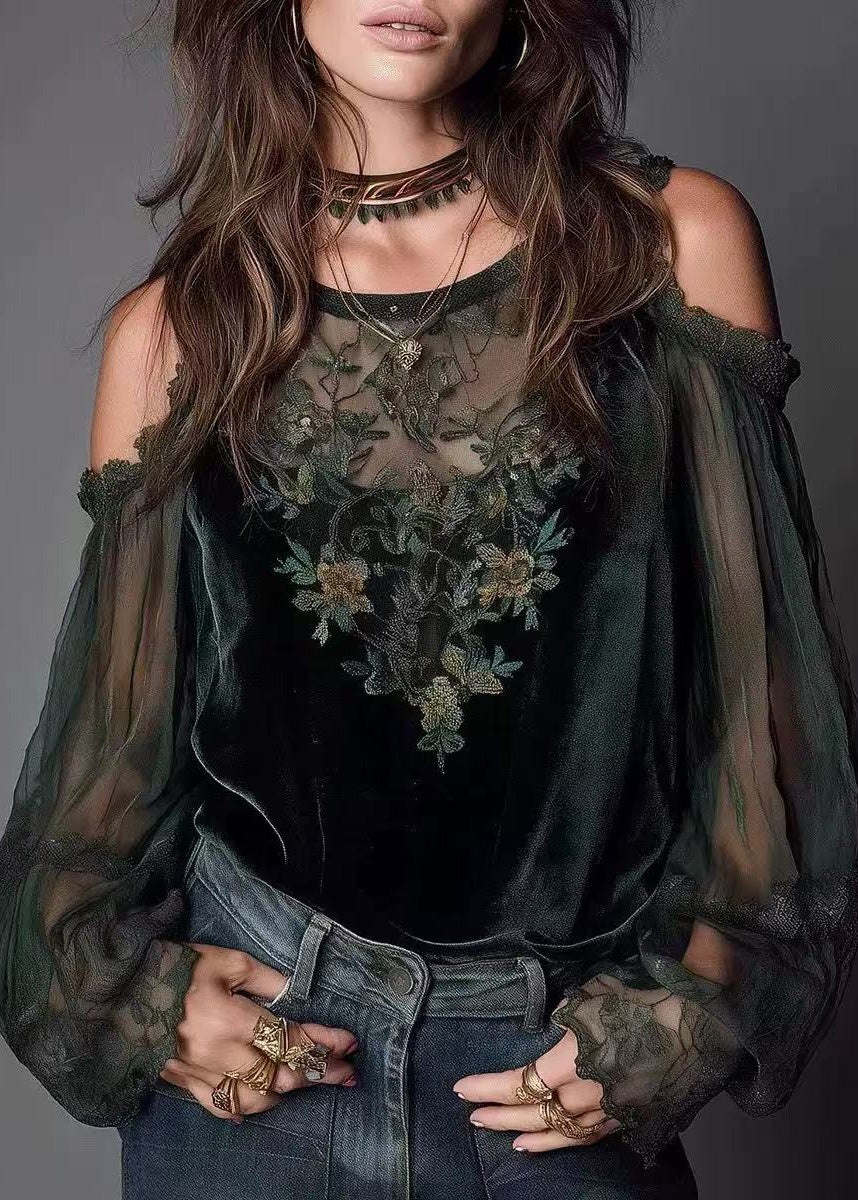 Fashion Green Cold Shoulder Patchwork Velour Shirt Tops Spring