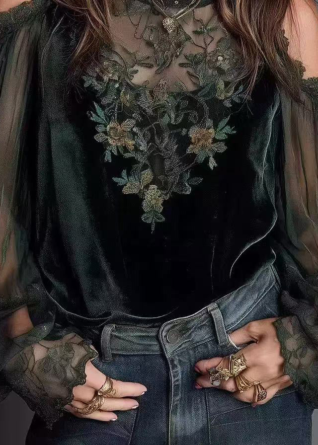 Fashion Green Cold Shoulder Patchwork Velour Shirt Tops Spring