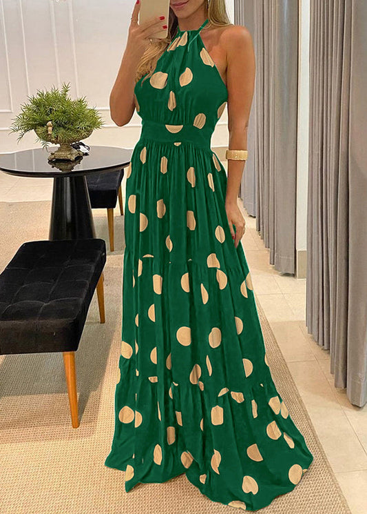 Fashion Green Dot Print Halter Backless Maxi Dress Sleeveless