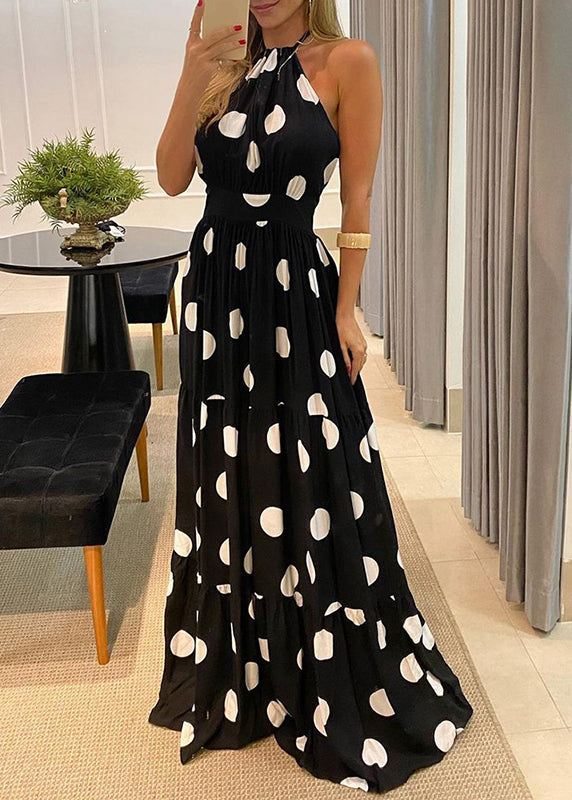 Fashion Green Dot Print Halter Backless Maxi Dress Sleeveless