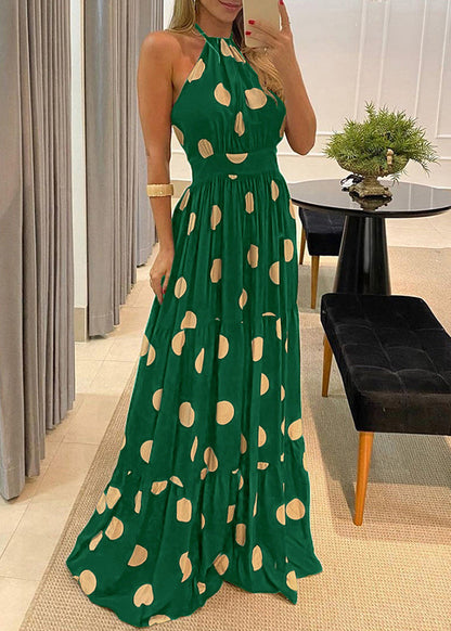Fashion Green Dot Print Halter Backless Maxi Dress Sleeveless