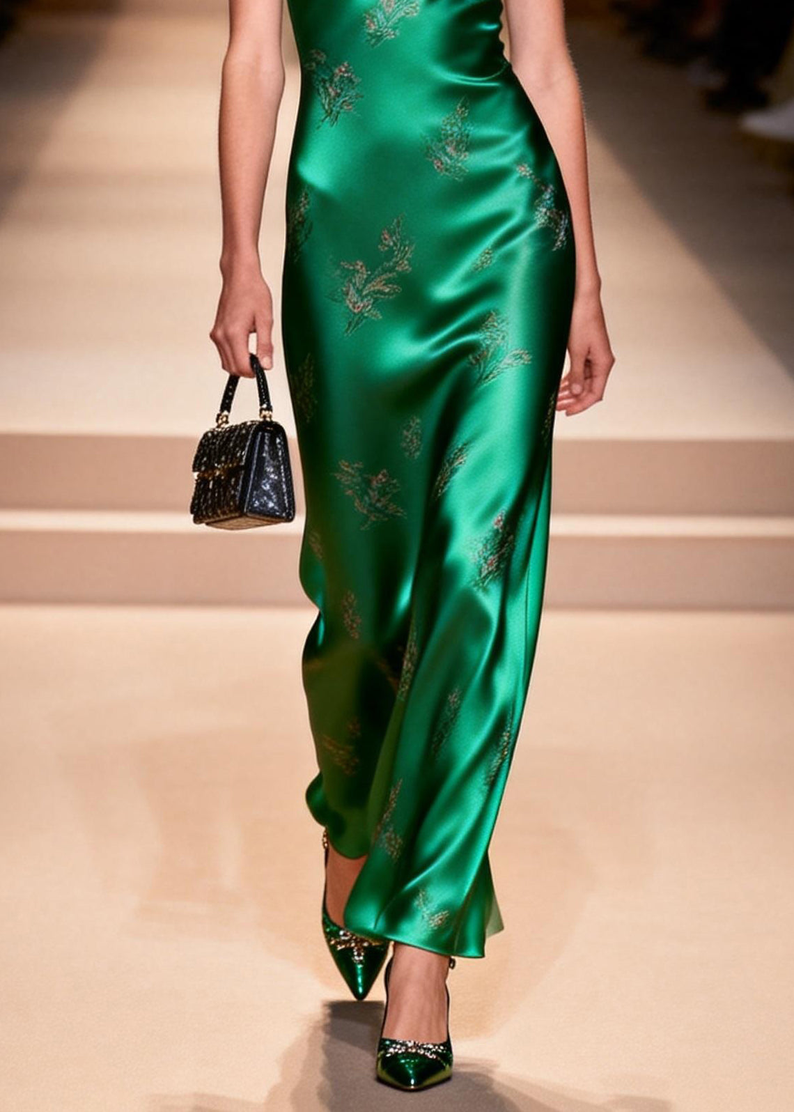 Fashion Green Jacquard Silk Spaghetti Strap Dress Summer