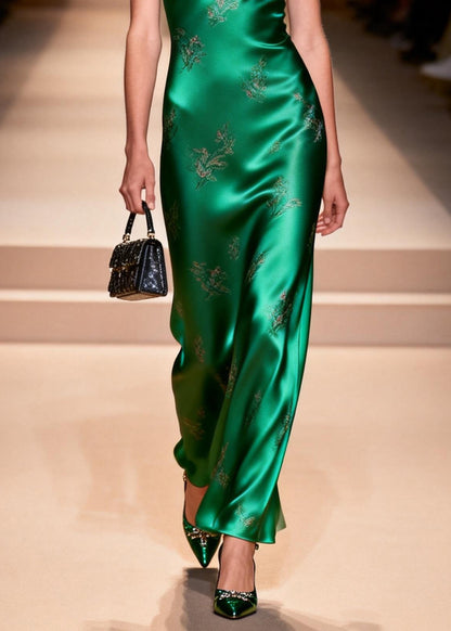 Fashion Green Jacquard Silk Spaghetti Strap Dress Summer