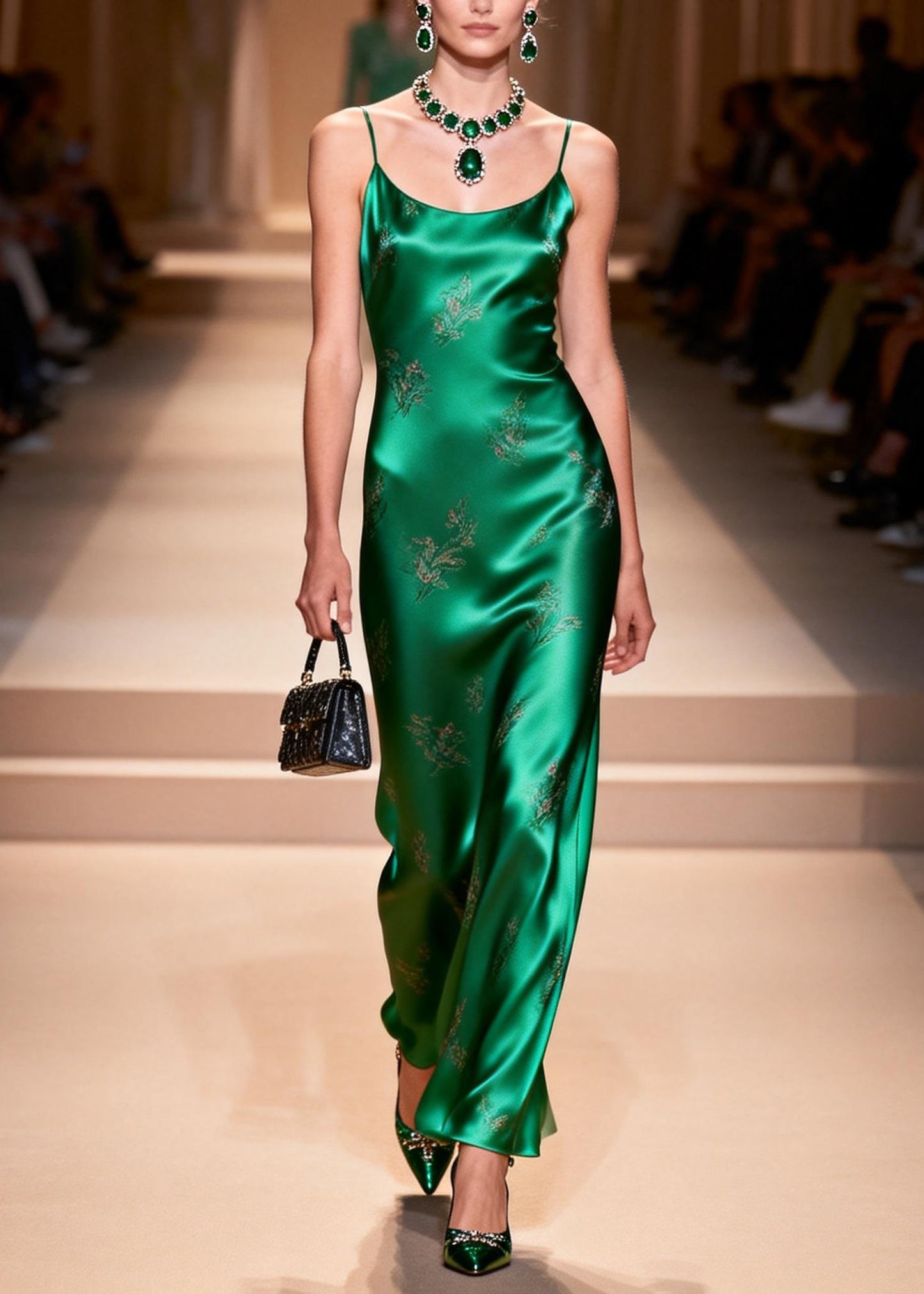 Fashion Green Jacquard Silk Spaghetti Strap Dress Summer