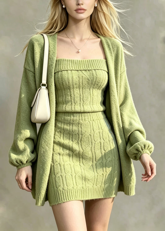 Fashion Green Knit Cardigan And Cami Dress Two Pieces Set Fall