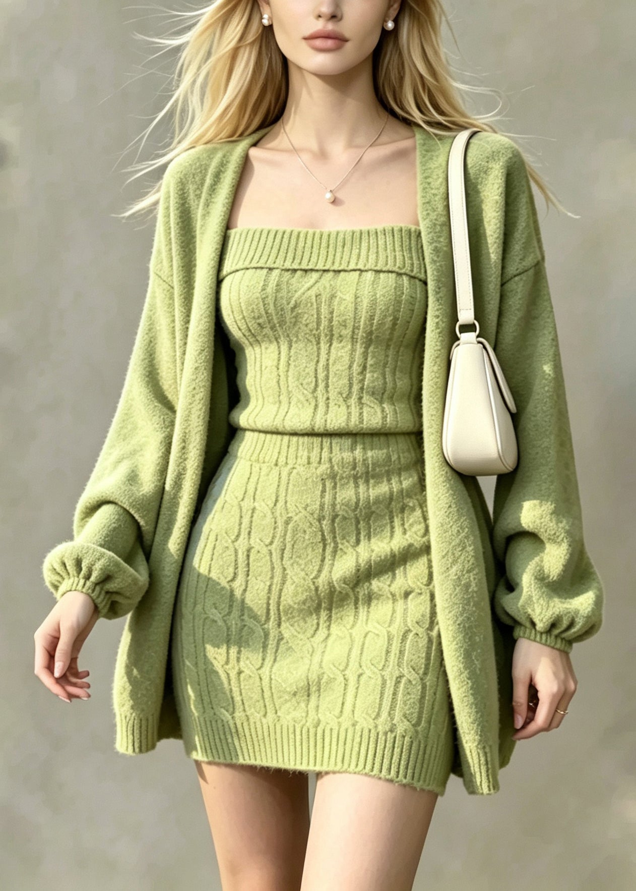 Fashion Green Knit Cardigan And Cami Dress Two Pieces Set Fall