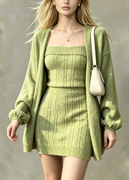 Fashion Green Knit Cardigan And Cami Dress Two Pieces Set Fall