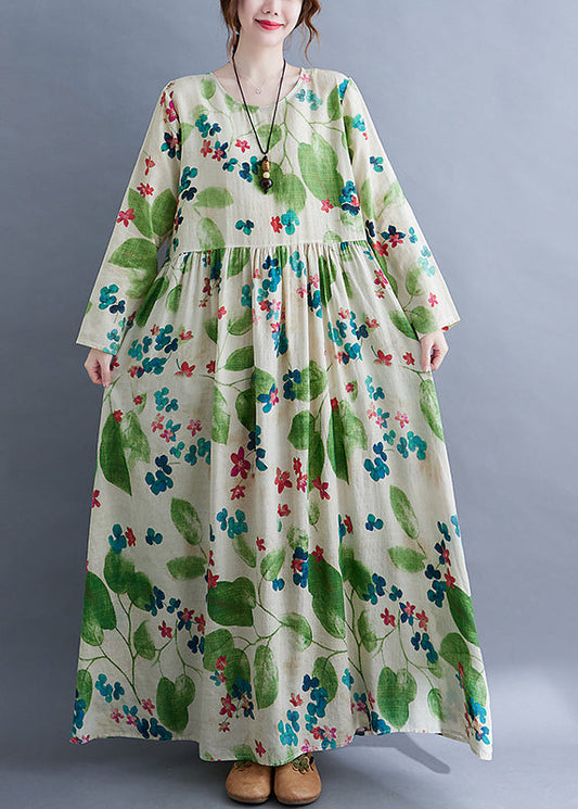 Fashion Green O-Neck Cinched Print Long Dress Long Sleeve