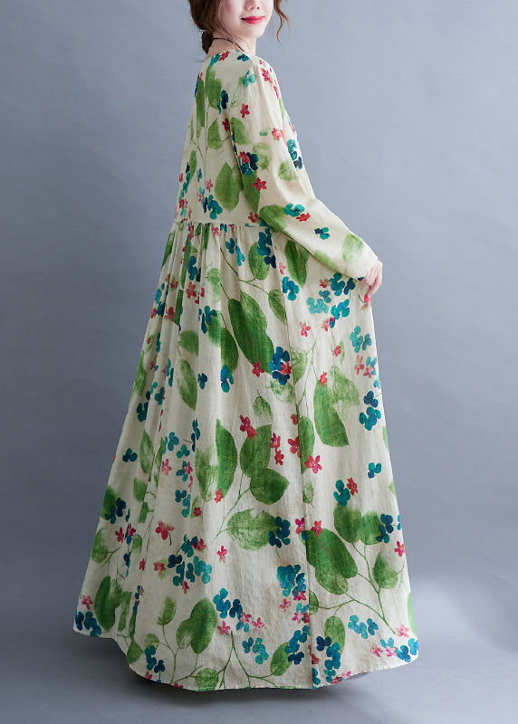 Fashion Green O-Neck Cinched Print Long Dress Long Sleeve