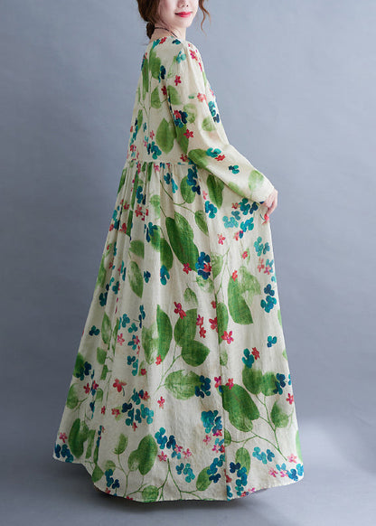 Fashion Green O-Neck Cinched Print Long Dress Long Sleeve