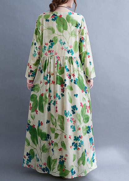 Fashion Green O-Neck Cinched Print Long Dress Long Sleeve