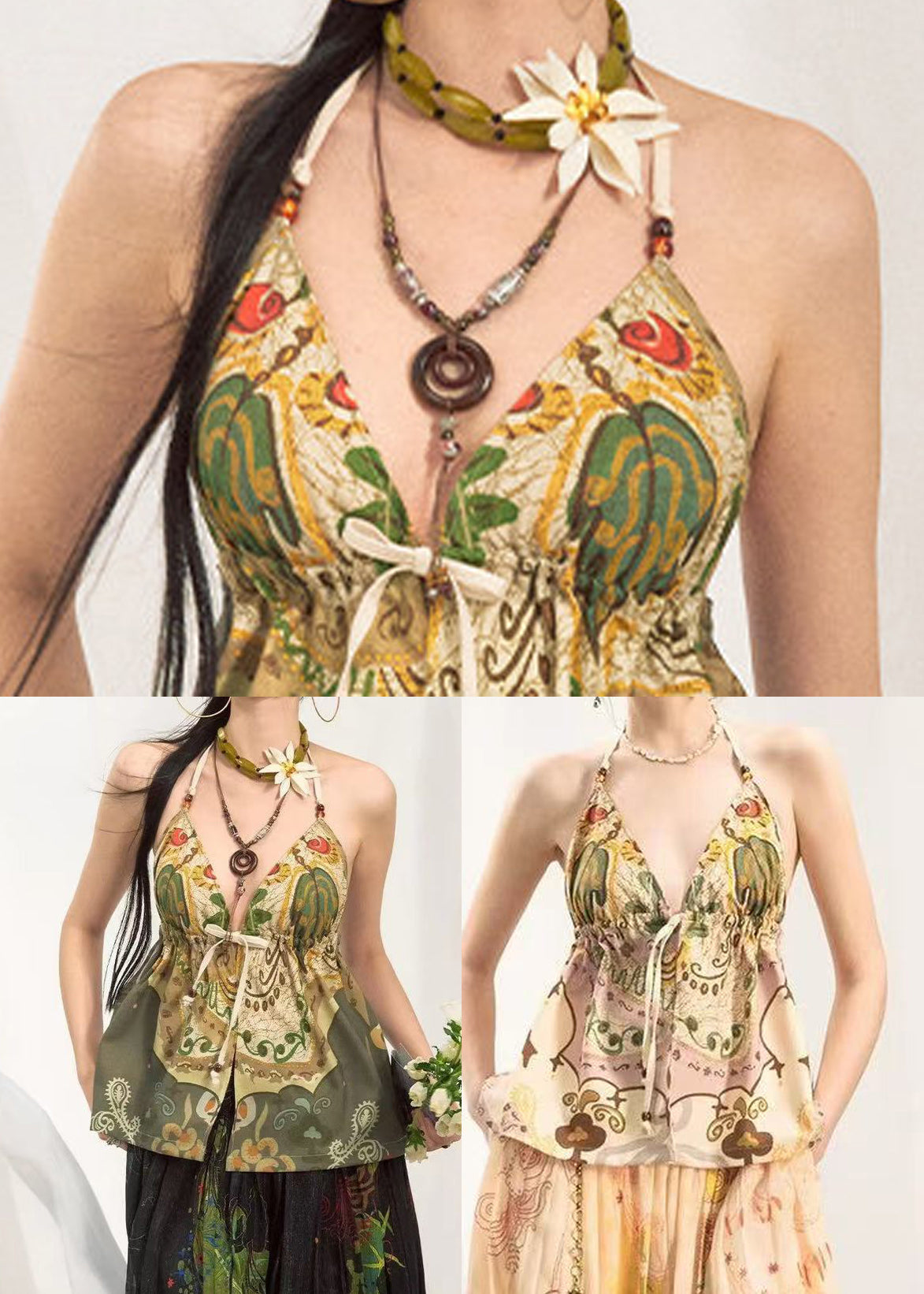 Fashion Green Oversized Print Cotton Halter Tops Summer