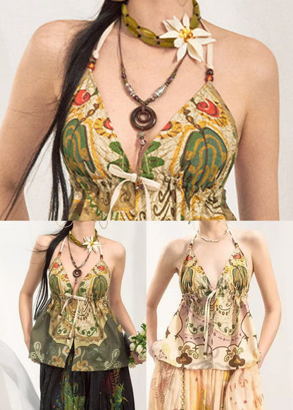 Fashion Green Oversized Print Cotton Halter Tops Summer