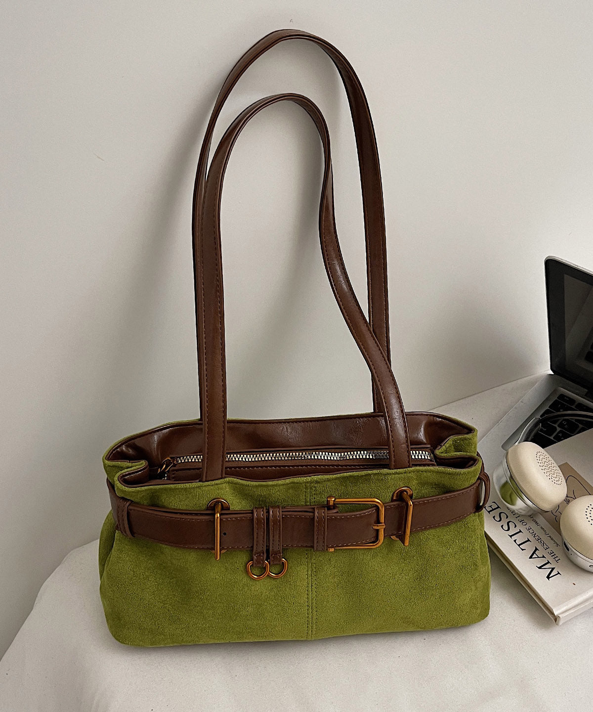 Fashion Green Patchwork Faux Suede Shoulder Bag