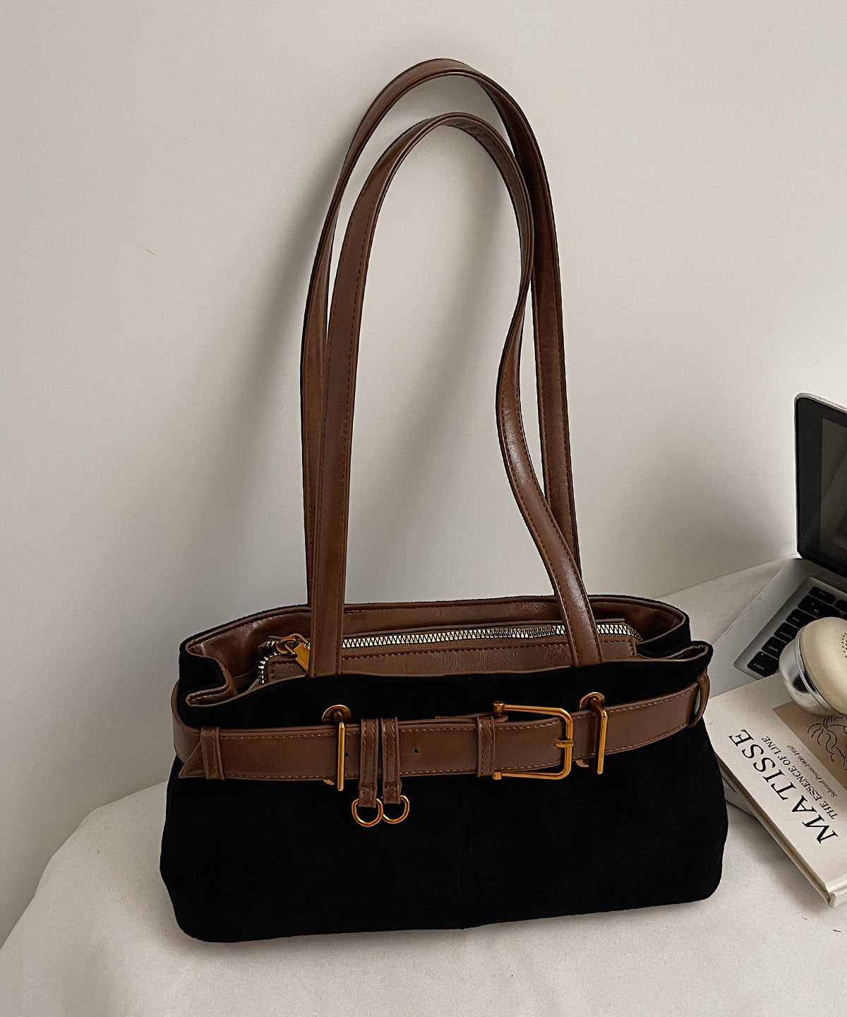 Fashion Green Patchwork Faux Suede Shoulder Bag