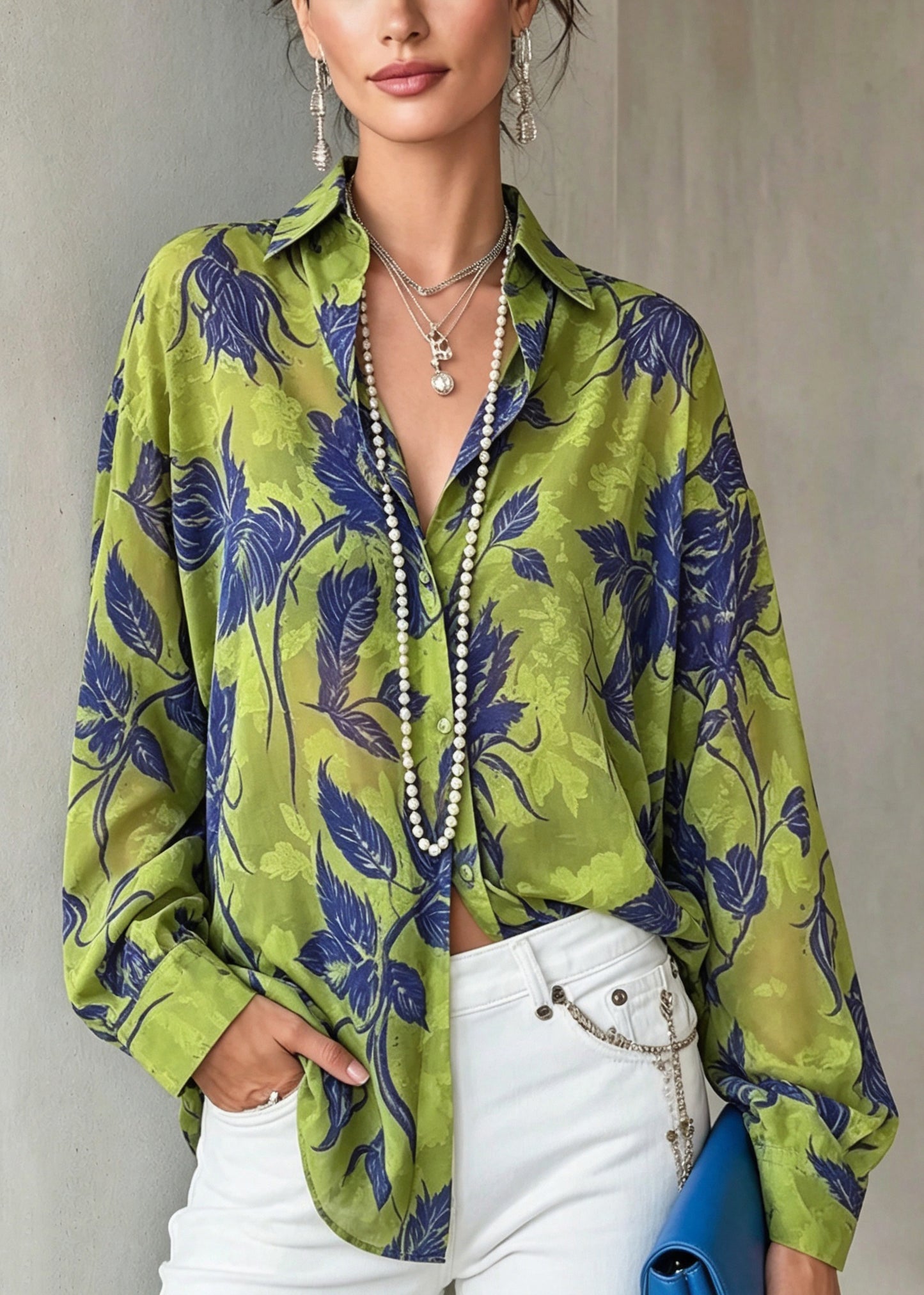 Fashion Green Peter Pan Collar Print Chiffon Shirt Top Long Sleeve