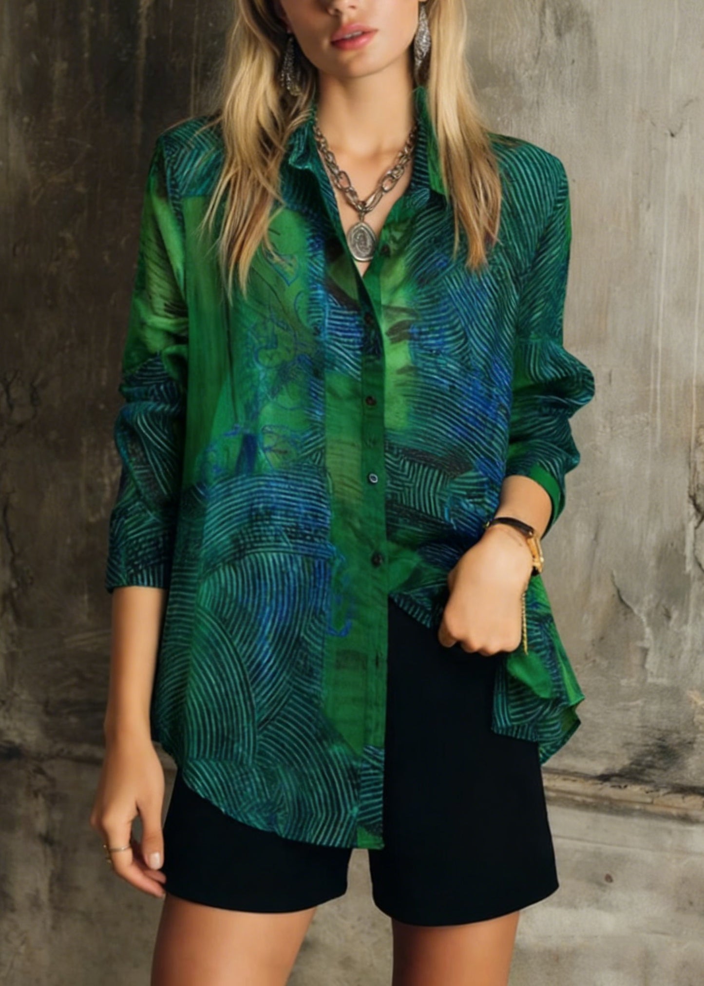 Fashion Green Peter Pan Collar Print Patchwork Cotton Shirts Long Sleeve