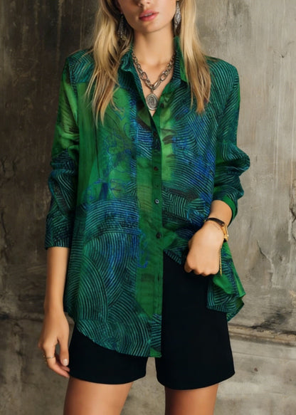 Fashion Green Peter Pan Collar Print Patchwork Cotton Shirts Long Sleeve