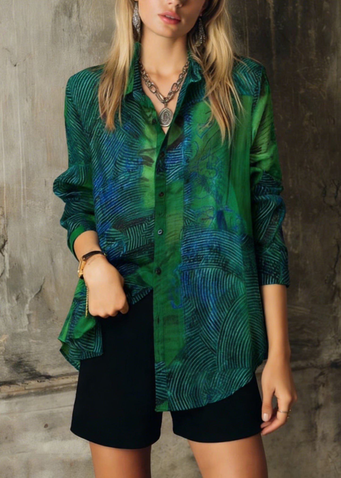 Fashion Green Peter Pan Collar Print Patchwork Cotton Shirts Long Sleeve