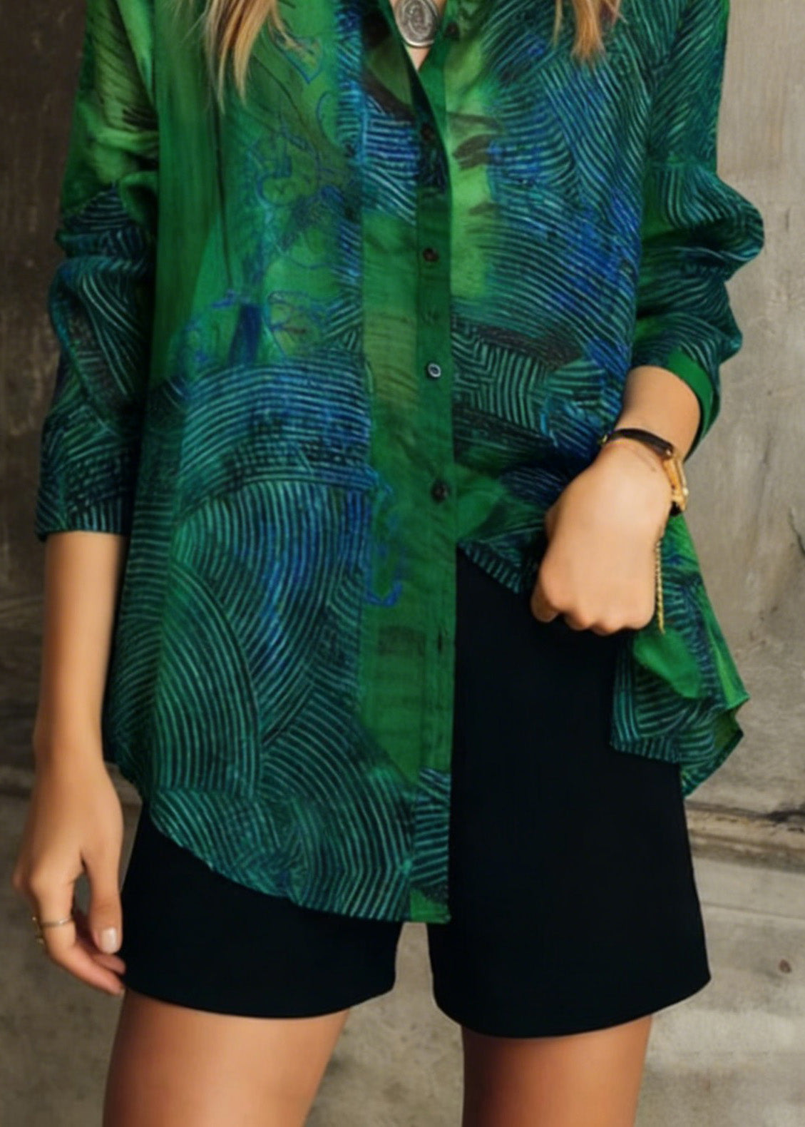 Fashion Green Peter Pan Collar Print Patchwork Cotton Shirts Long Sleeve