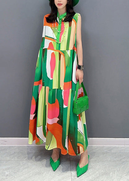 Fashion Green Print Button Vacation Maxi Dresses Sleeveless