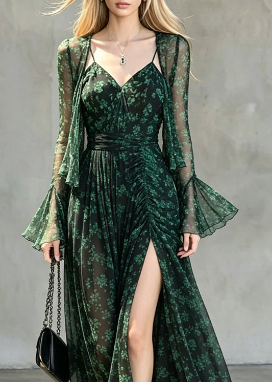 Fashion Green Print Chiffon Cardigans And Long Spaghetti Strap Dress Two Pieces Set Flare Sleeve