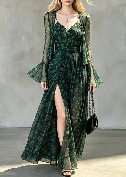 Fashion Green Print Chiffon Cardigans And Long Spaghetti Strap Dress Two Pieces Set Flare Sleeve