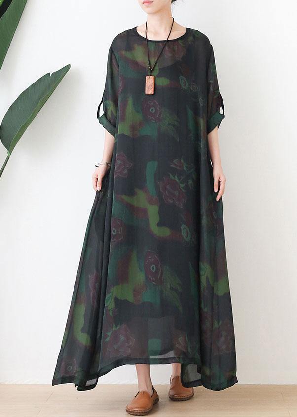 Fashion Green Print Chiffon Pockets Summer Dresses - SooLinen