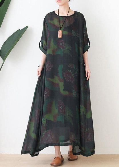 Fashion Green Print Chiffon Pockets Summer Dresses - SooLinen