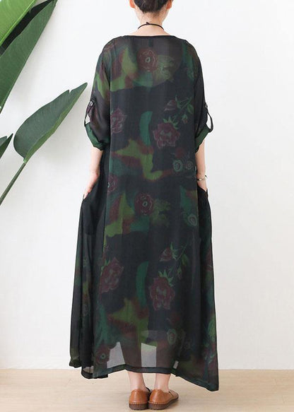 Fashion Green Print Chiffon Pockets Summer Dresses - SooLinen