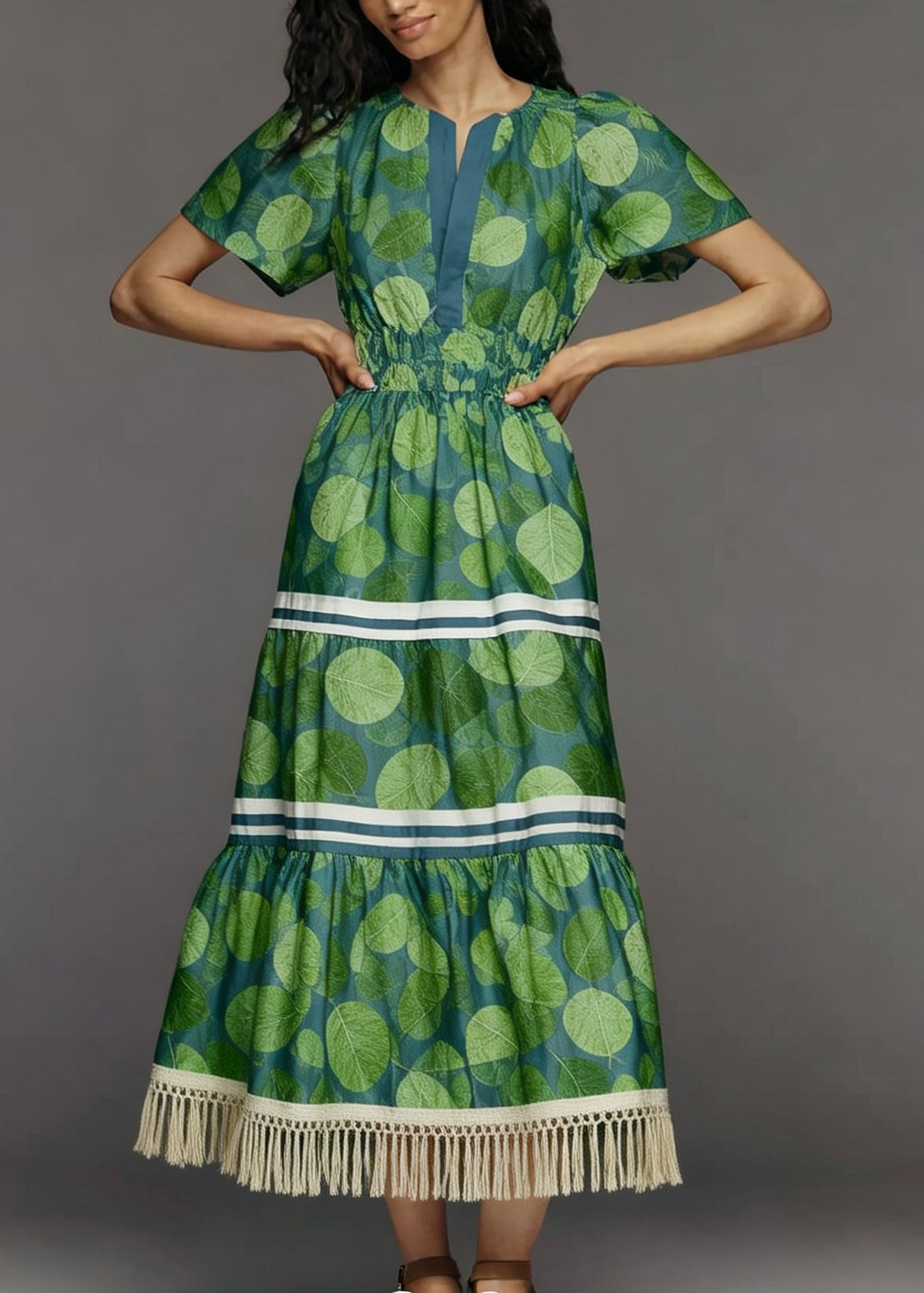 Fashion Green Print Tasseled Patchwork Cotton Dresses Summer