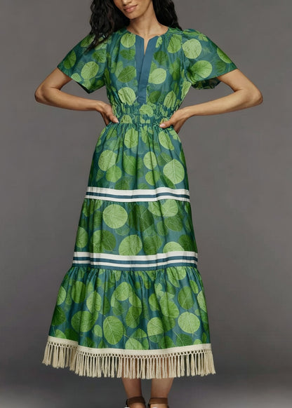 Fashion Green Print Tasseled Patchwork Cotton Dresses Summer