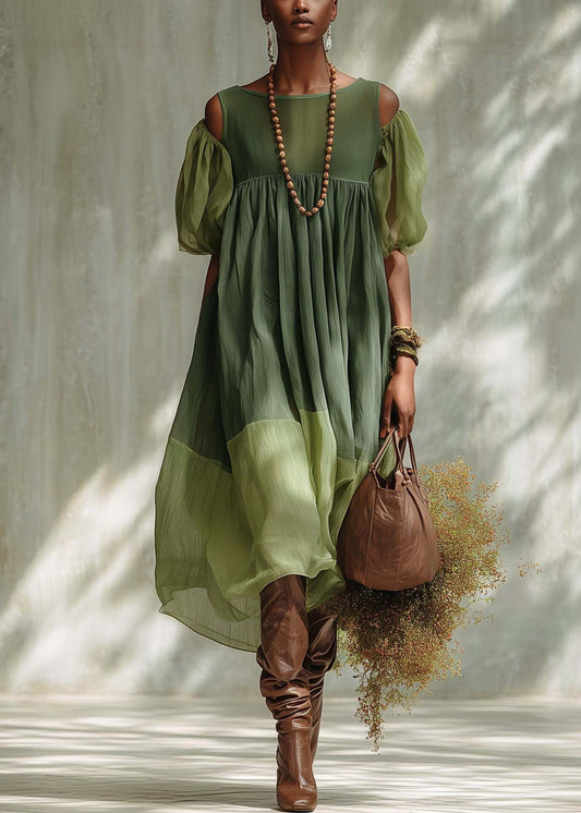 Fashion Green Puff Sleeve Patchwork Cotton Vacation Dress