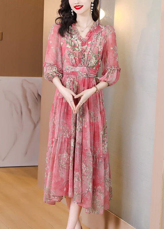 Fashion Green Ruffled Patchwork Print Silk Maxi Dress Summer