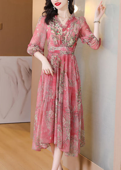 Fashion Green Ruffled Patchwork Print Silk Maxi Dress Summer