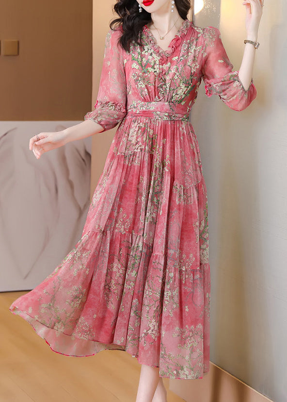 Fashion Green Ruffled Patchwork Print Silk Maxi Dress Summer