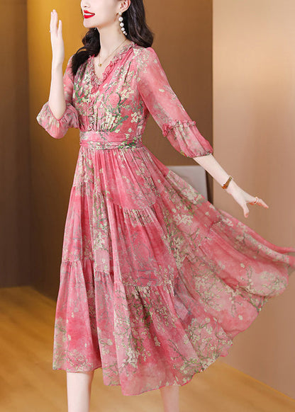 Fashion Green Ruffled Patchwork Print Silk Maxi Dress Summer